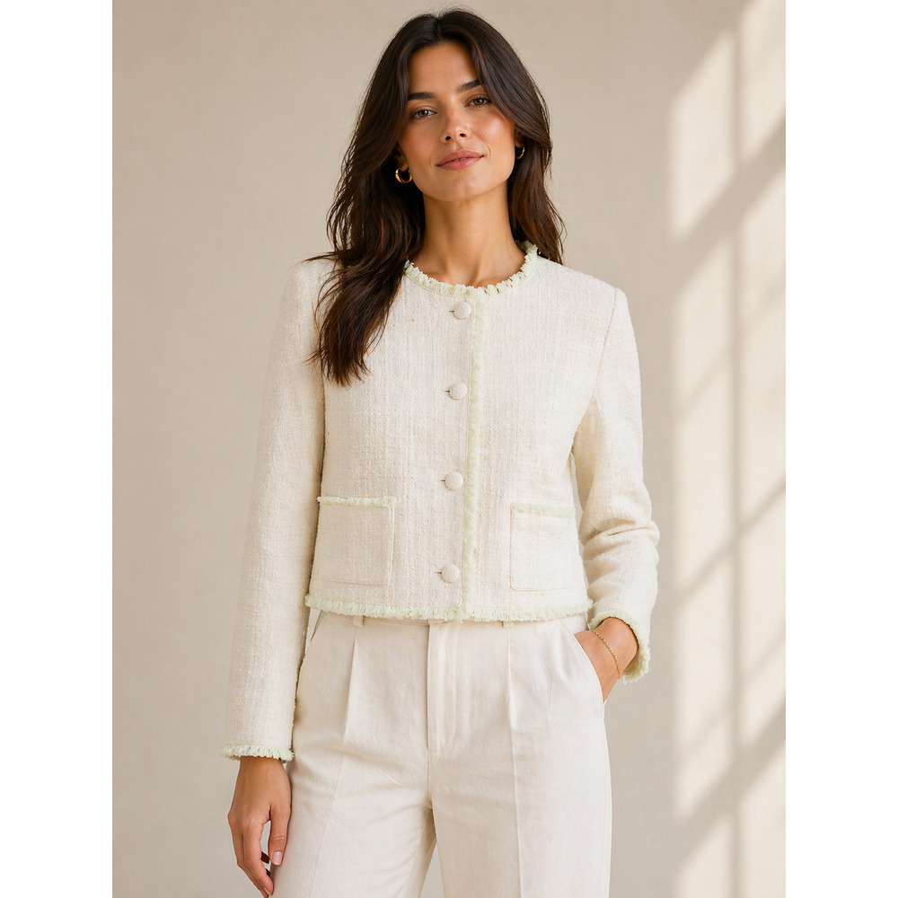 RYEGRASS Boucle Tweed Fringe Jacket M Cream Green Collarless Career Preppy EUC
